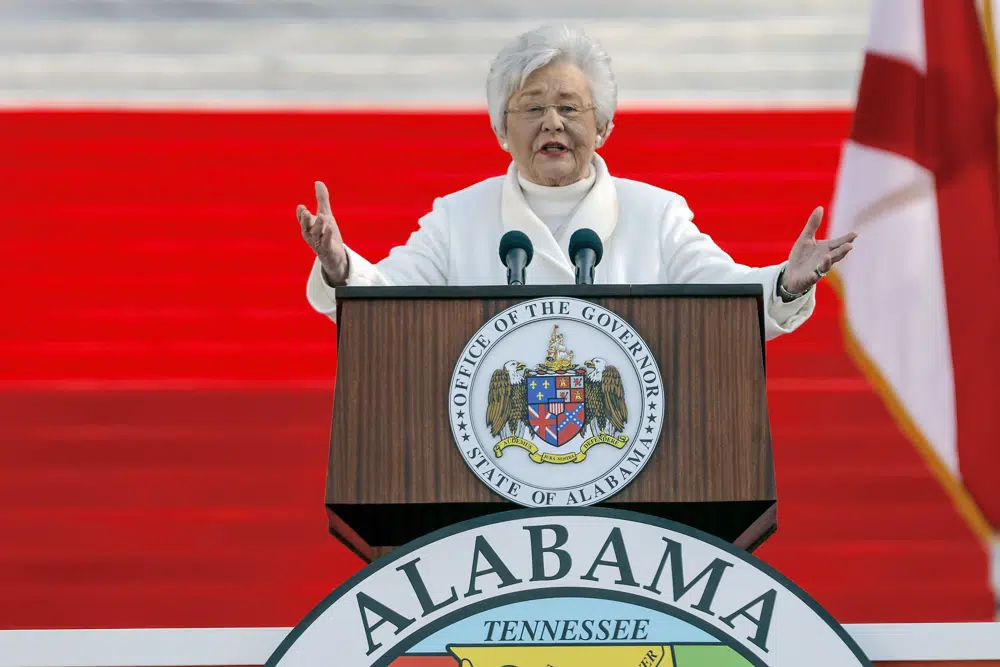 Alabama Gov. Kay Ivey speaks during a ceremony on the steps of the Alabama State Capital Monday, Jan. 16, 2023 in Montgomery, Ala.. (AP Photo/Butch Dill)